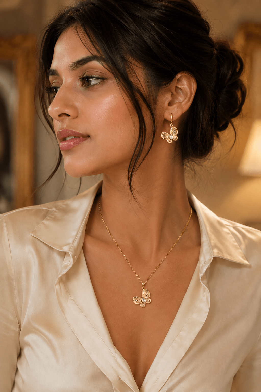 Golden Butterfly Necklace & Earrings Set - Cubic Zirconia Stainless Steel Jewellery