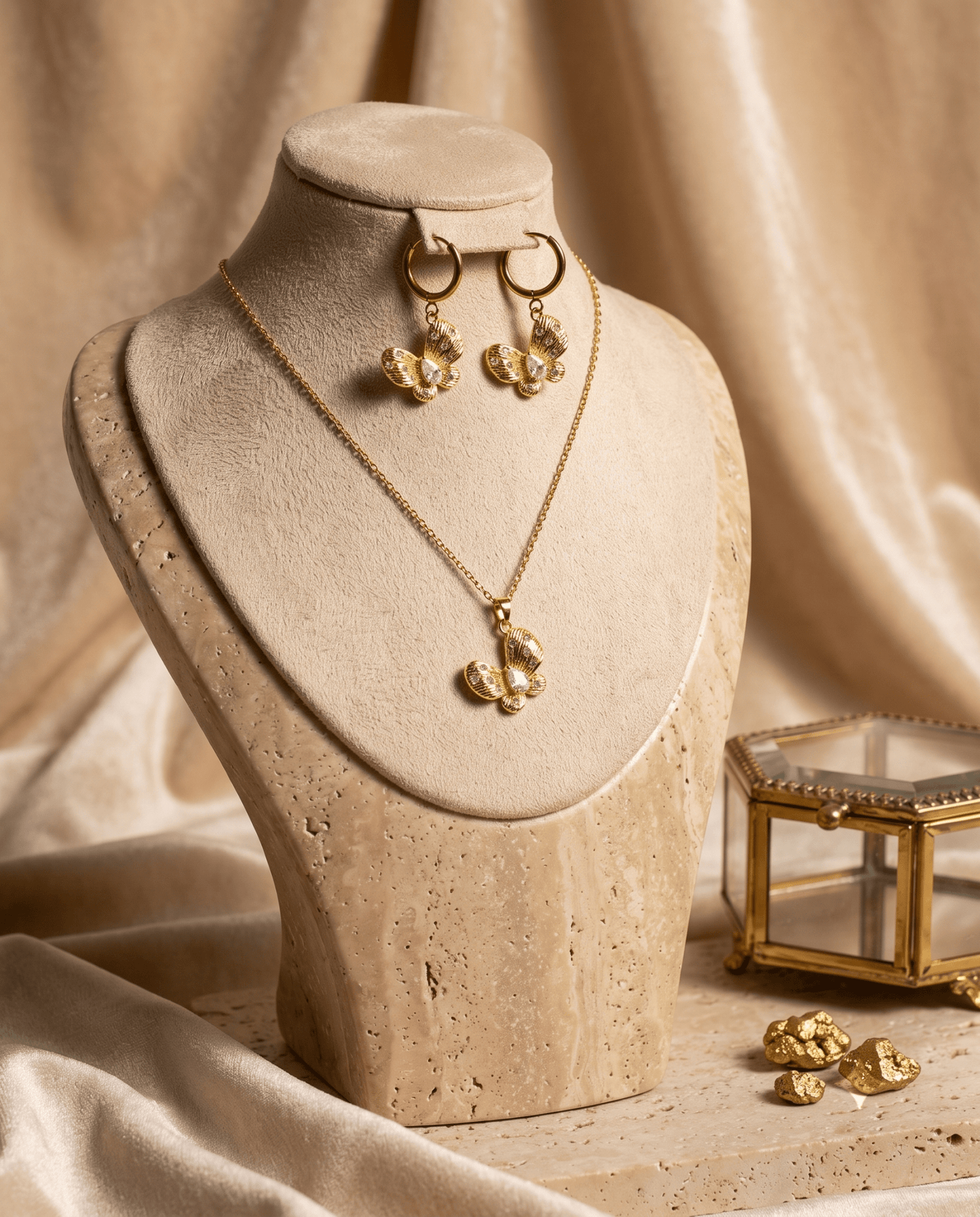Golden Butterfly Necklace & Earrings Set - Cubic Zirconia Stainless Steel Jewellery