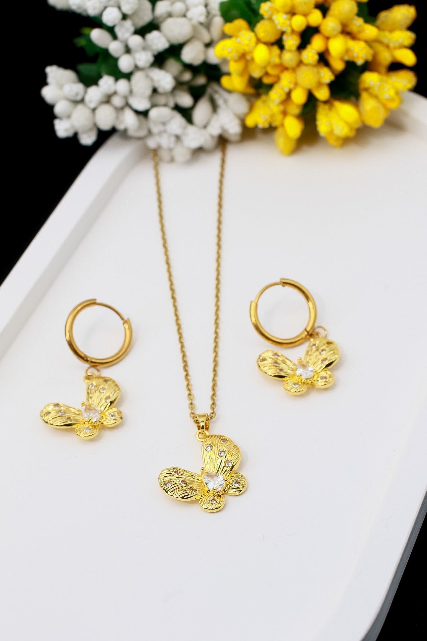 Golden Butterfly Necklace & Earrings Set - Cubic Zirconia Stainless Steel Jewellery