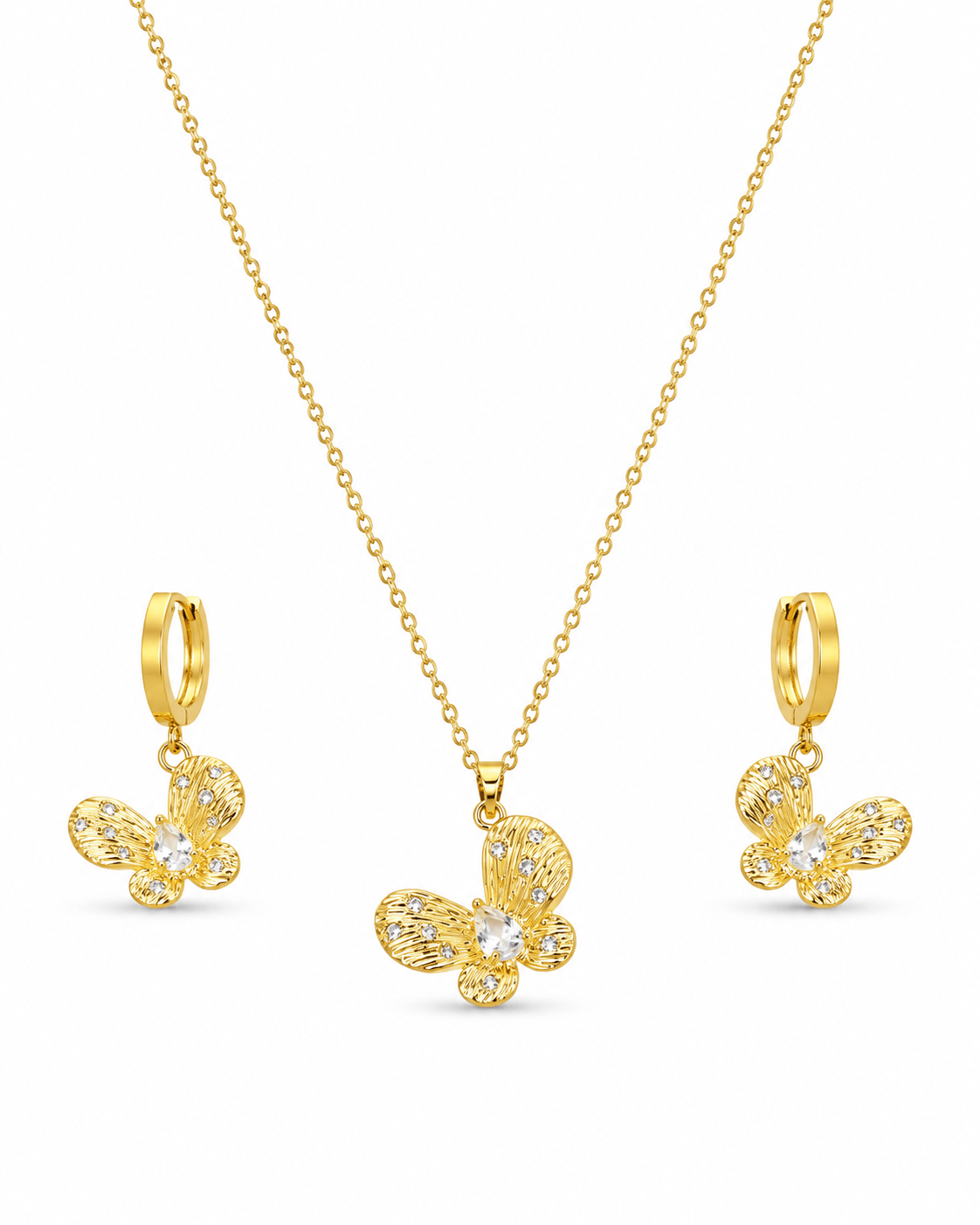 Golden Butterfly Necklace & Earrings Set - Cubic Zirconia Stainless Steel Jewellery