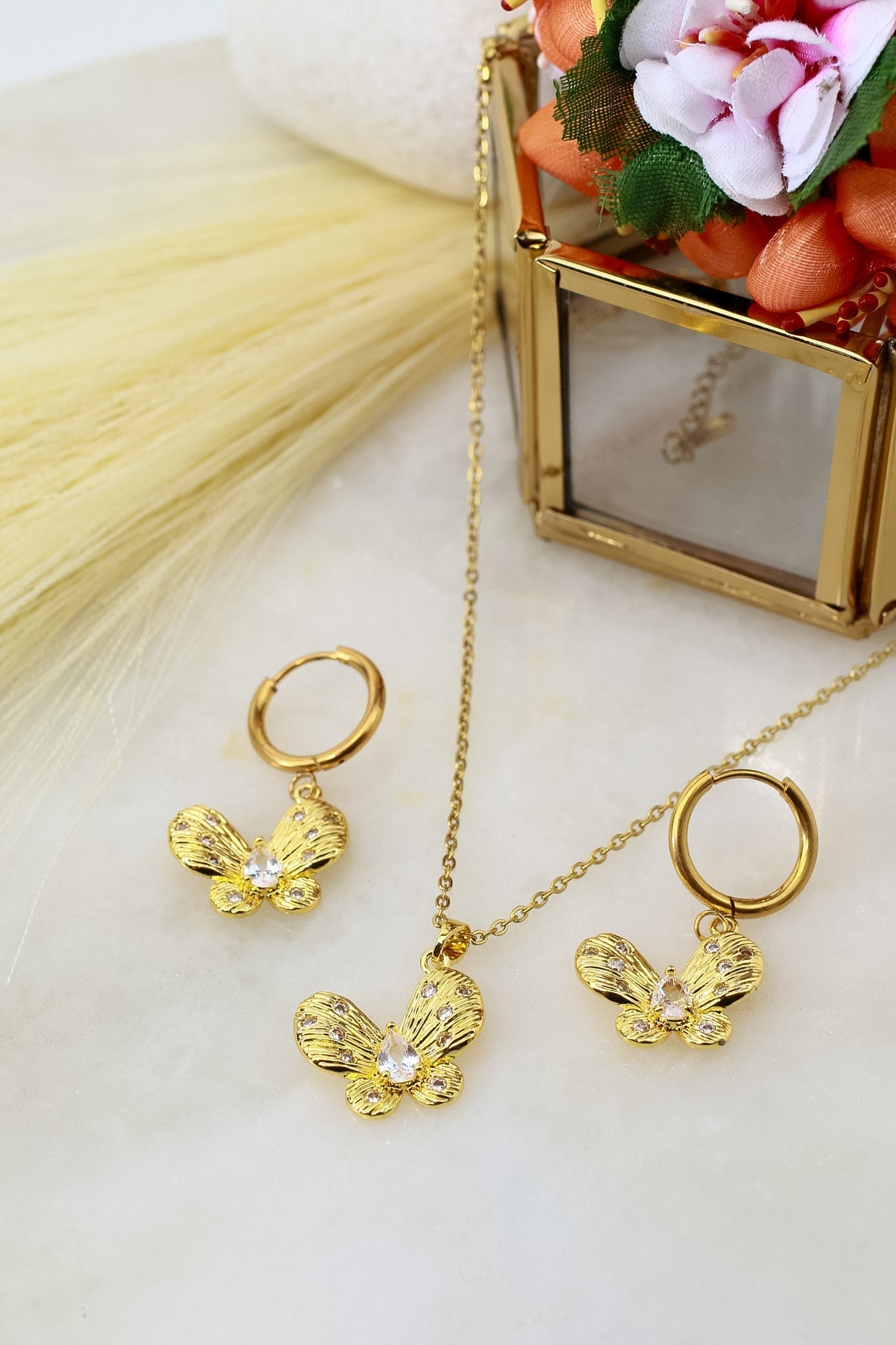 Golden Butterfly Necklace & Earrings Set - Cubic Zirconia Stainless Steel Jewellery