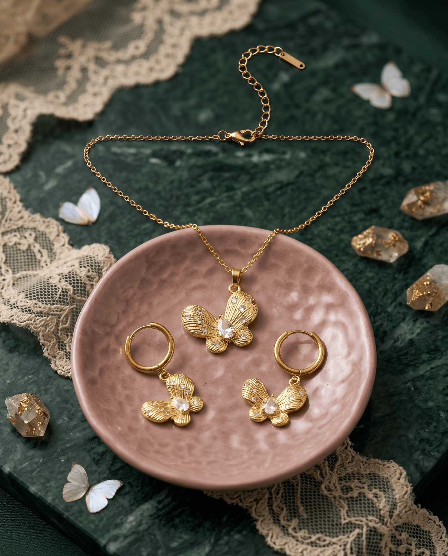 Golden Butterfly Necklace & Earrings Set - Cubic Zirconia Stainless Steel Jewellery