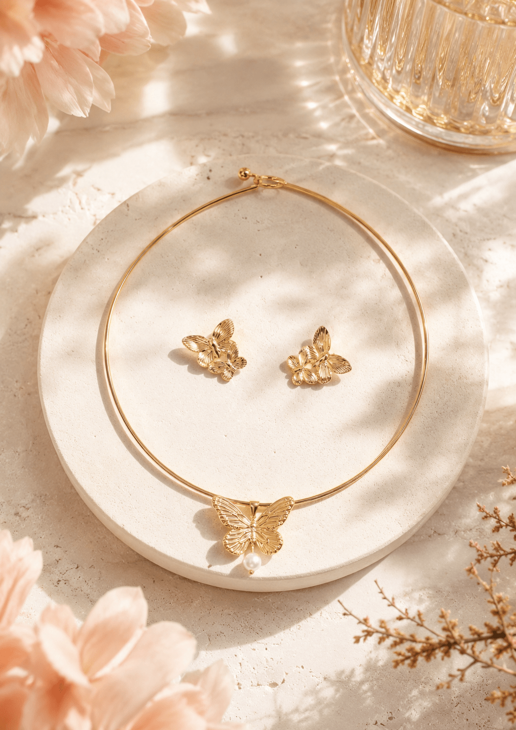 Golden Butterfly Pearl Choker Necklace & Earring Set - Maxiblink