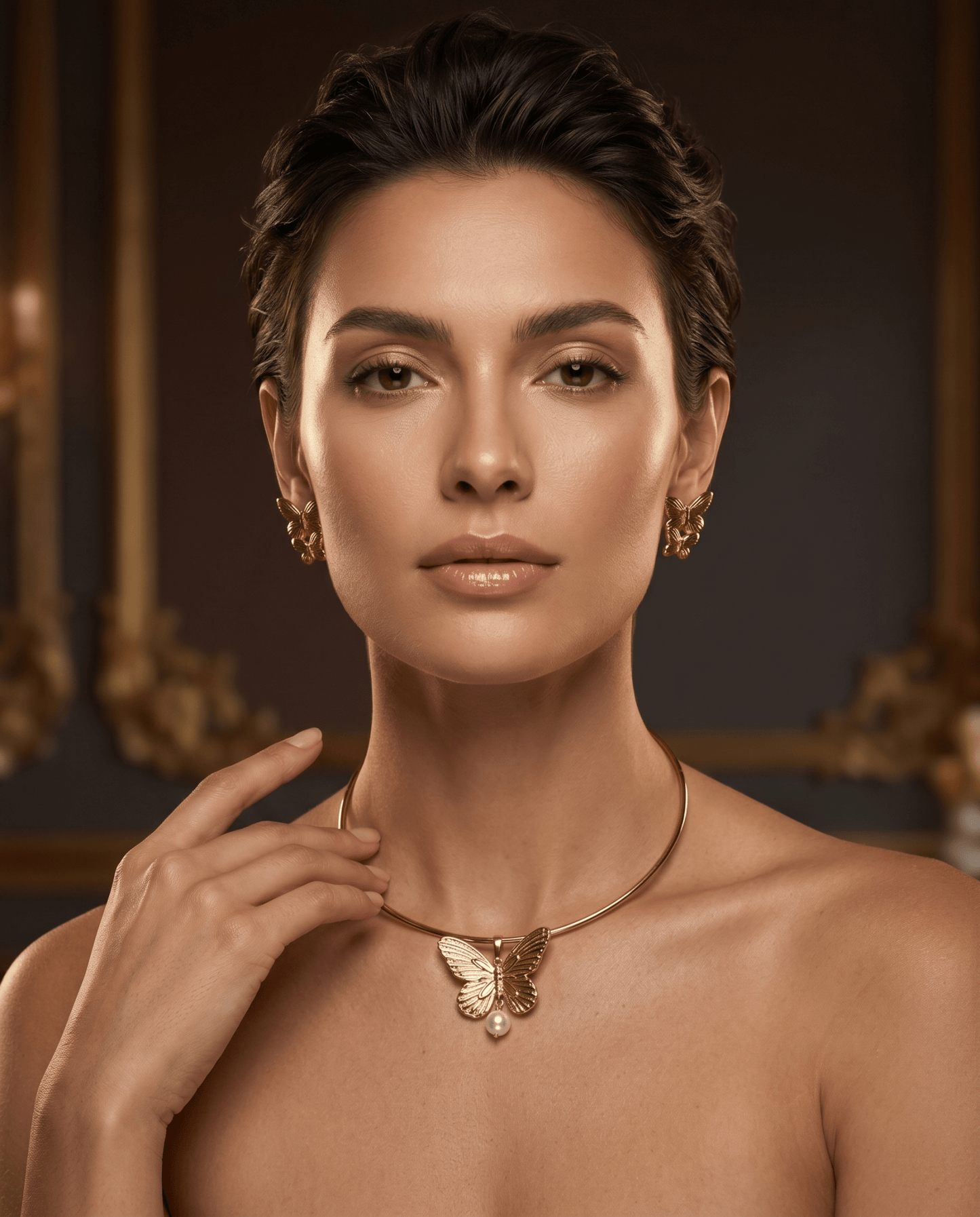 Golden Butterfly Pearl Choker Necklace & Earring Set - Maxiblink