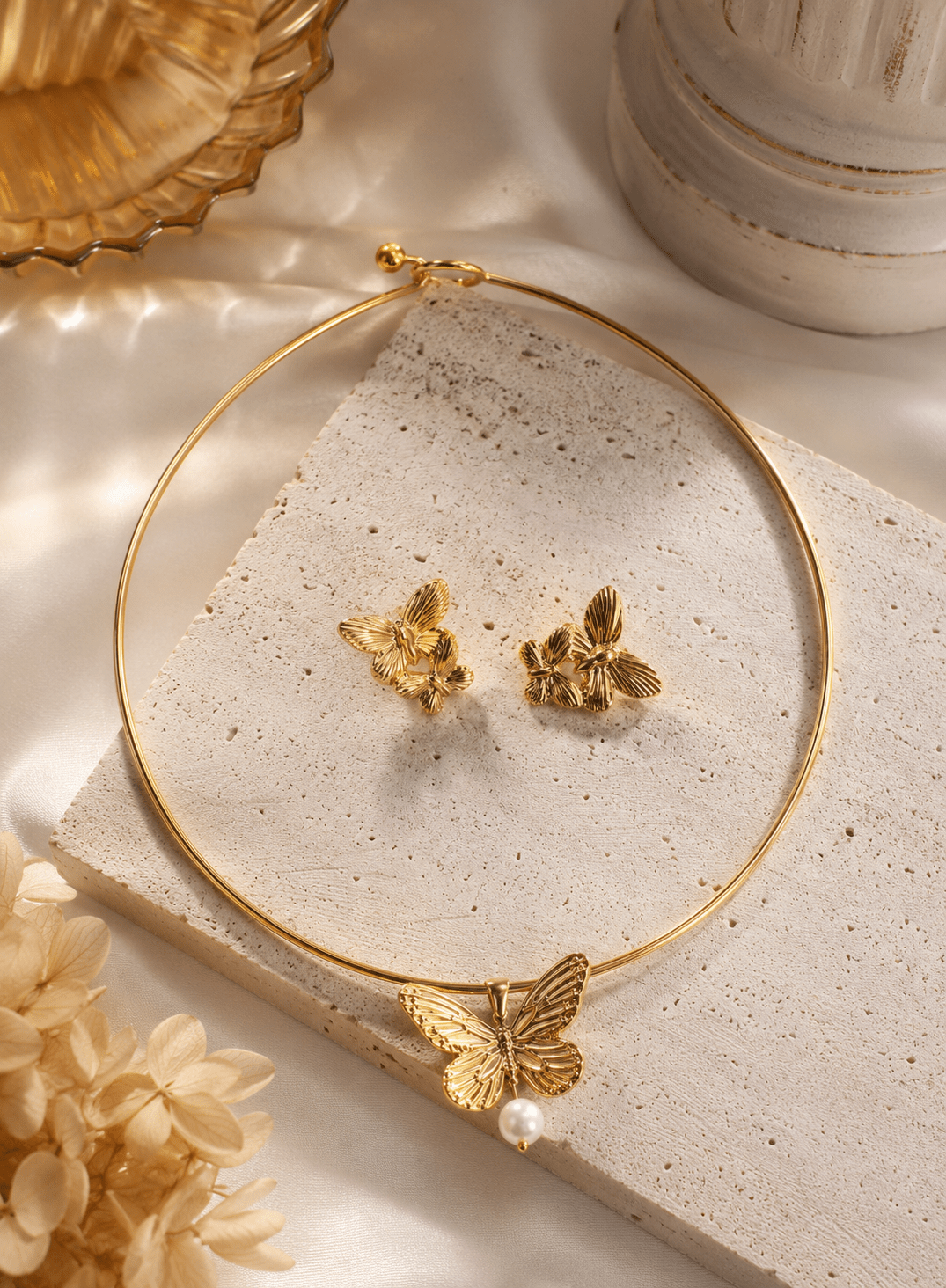 Golden Butterfly Pearl Choker Necklace & Earring Set - Maxiblink
