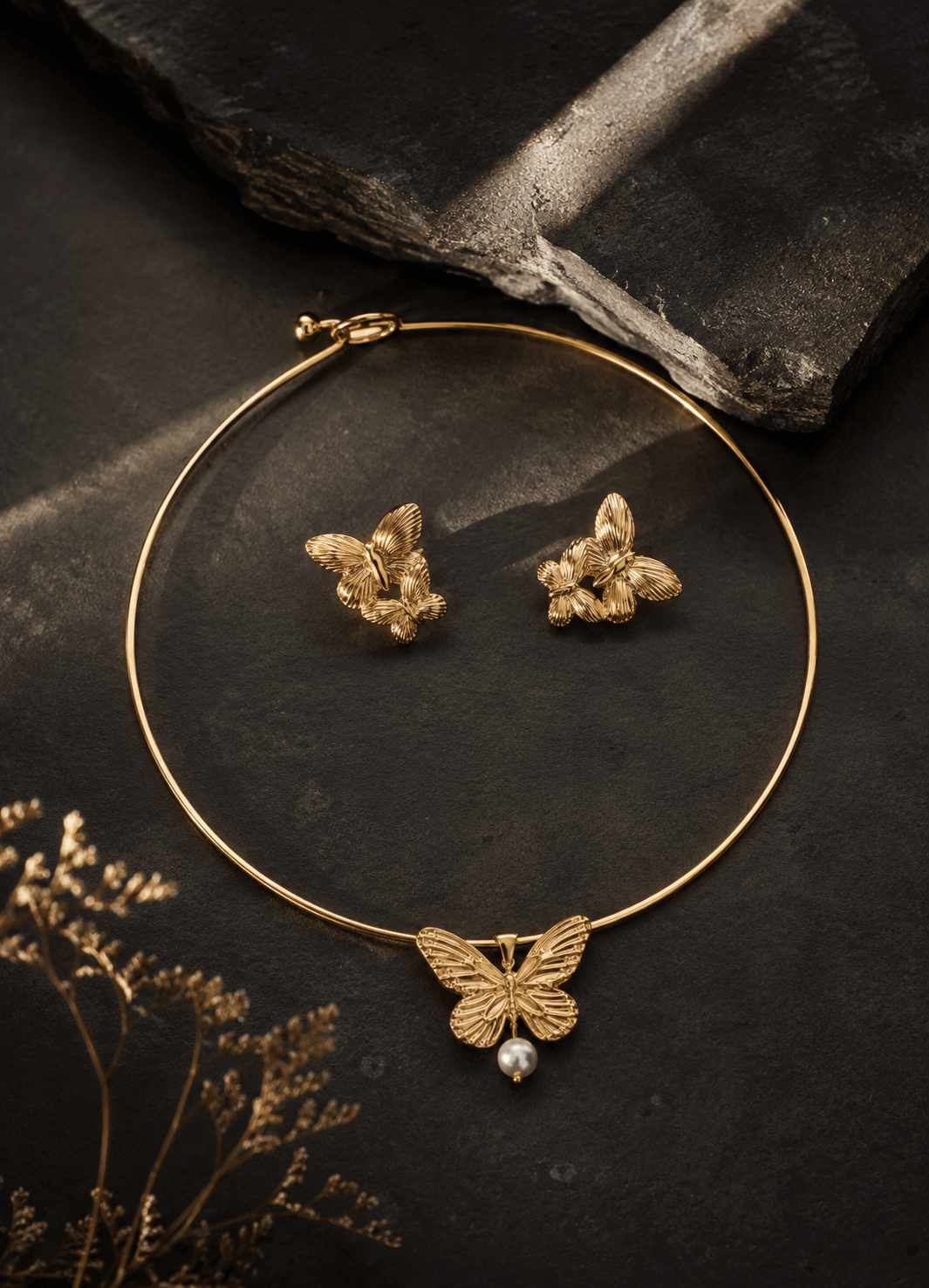 Golden Butterfly Pearl Choker Necklace & Earring Set - Maxiblink