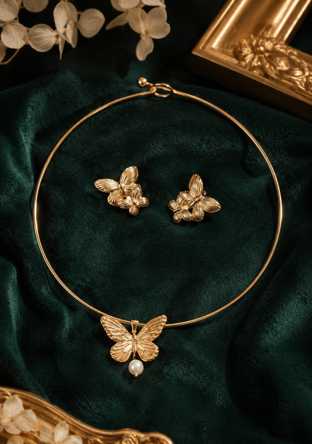 Golden Butterfly Pearl Choker Necklace & Earring Set - Maxiblink