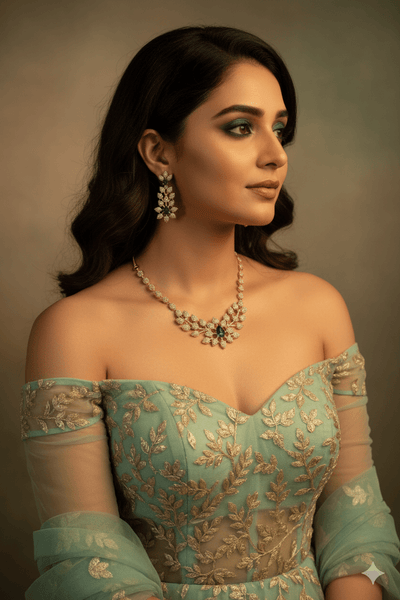 Golden Floral Emerald Choker Set - Maxiblink