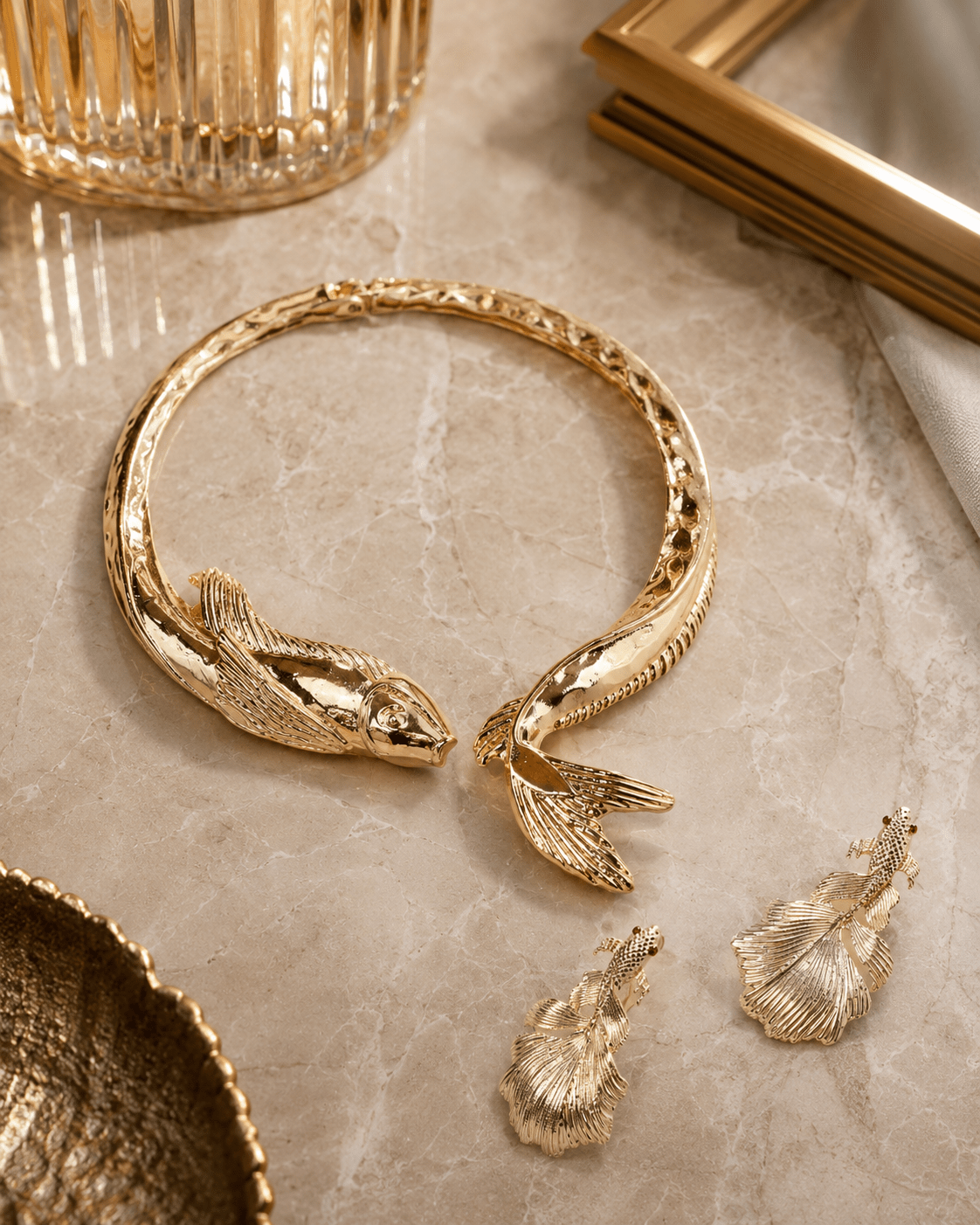 Golden Koi Fish Choker Necklace & Leaf Drop Earring Set - Maxiblink