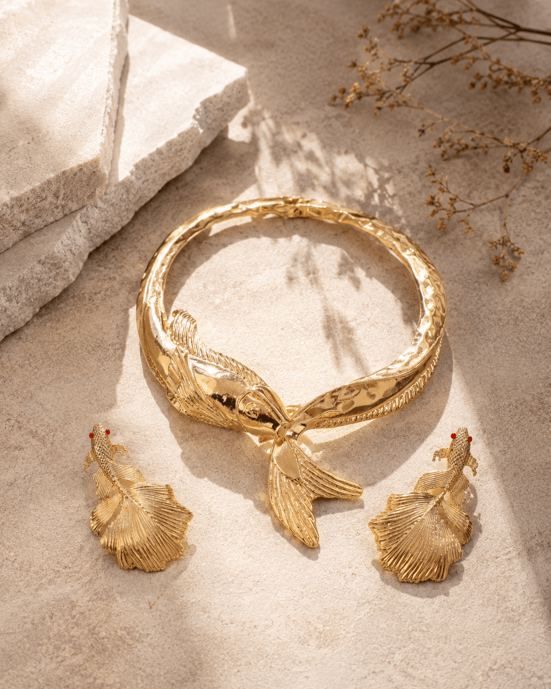 Golden Koi Fish Choker Necklace & Leaf Drop Earring Set - Maxiblink