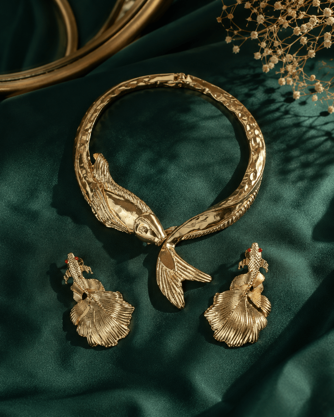 Golden Koi Fish Choker Necklace & Leaf Drop Earring Set - Maxiblink
