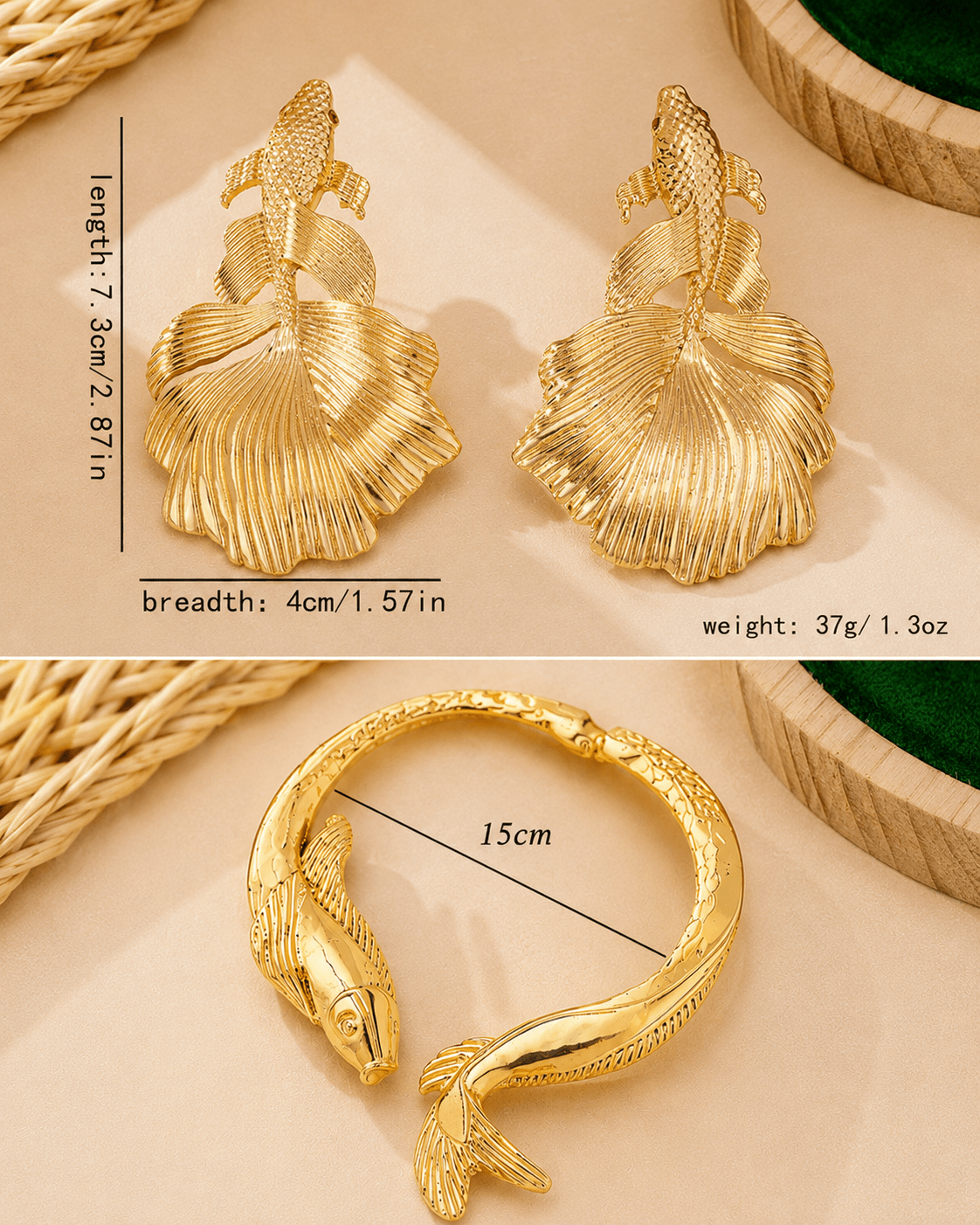 Golden Koi Fish Choker Necklace & Leaf Drop Earring Set - Maxiblink