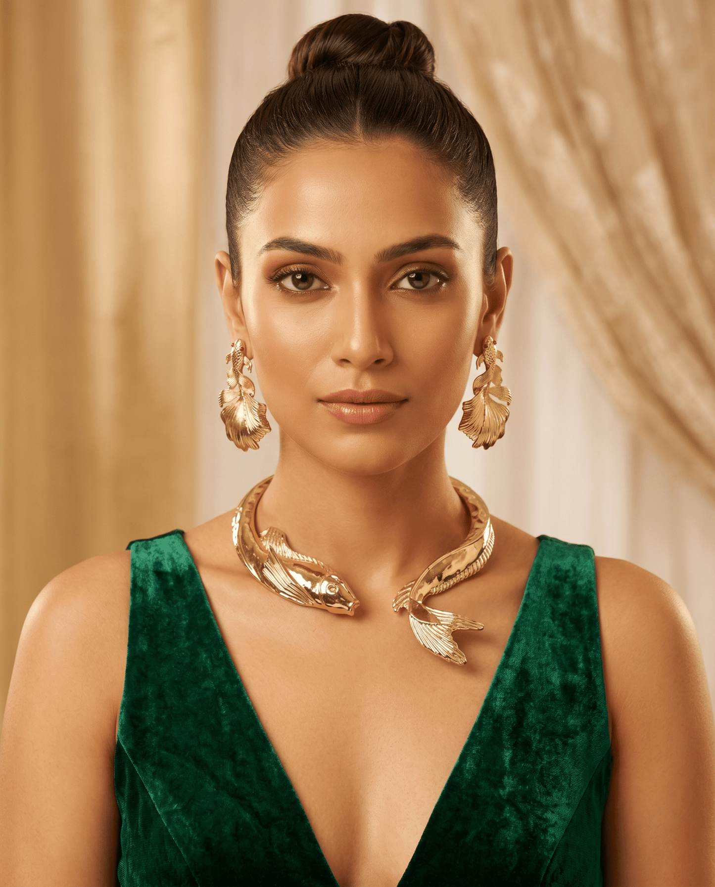 Golden Koi Fish Choker Necklace & Leaf Drop Earring Set - Maxiblink