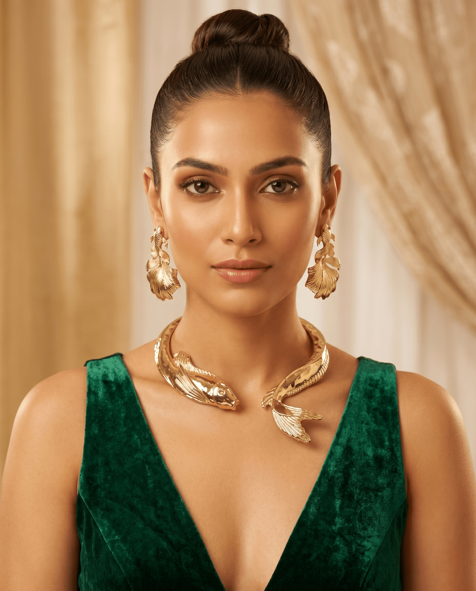 Golden Koi Fish Choker Necklace & Leaf Drop Earring Set - Maxiblink