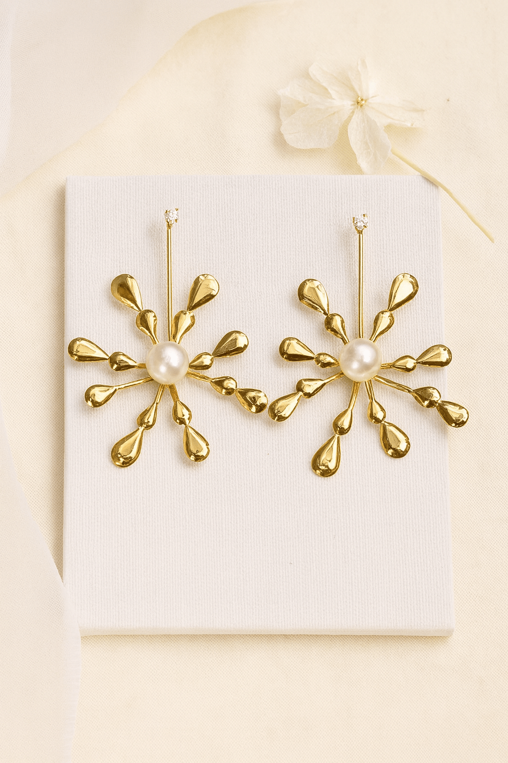 Golden Pearl Burst Statement Earrings | Anti - Tarnish Fashion Jewelry - Maxiblink