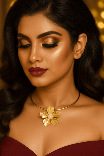 Golden Petal Pearl Centered Choker Necklace - Maxiblink