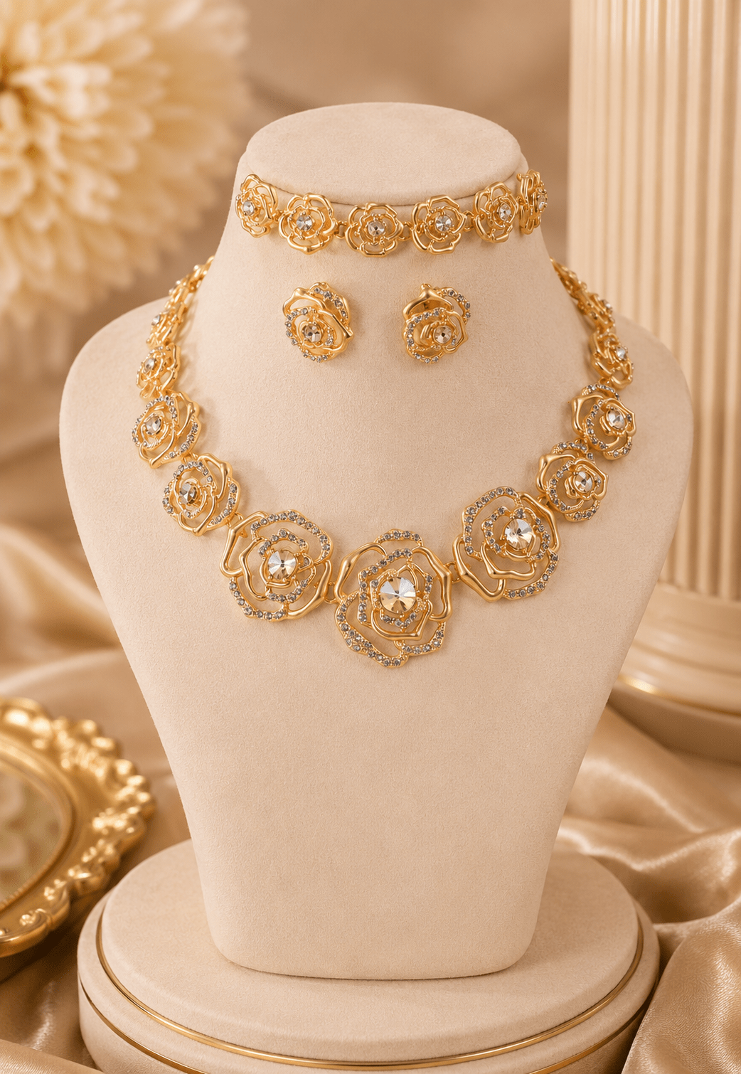 Golden Rose Crystal Floral 3 - Piece Jewellery Set - Maxiblink