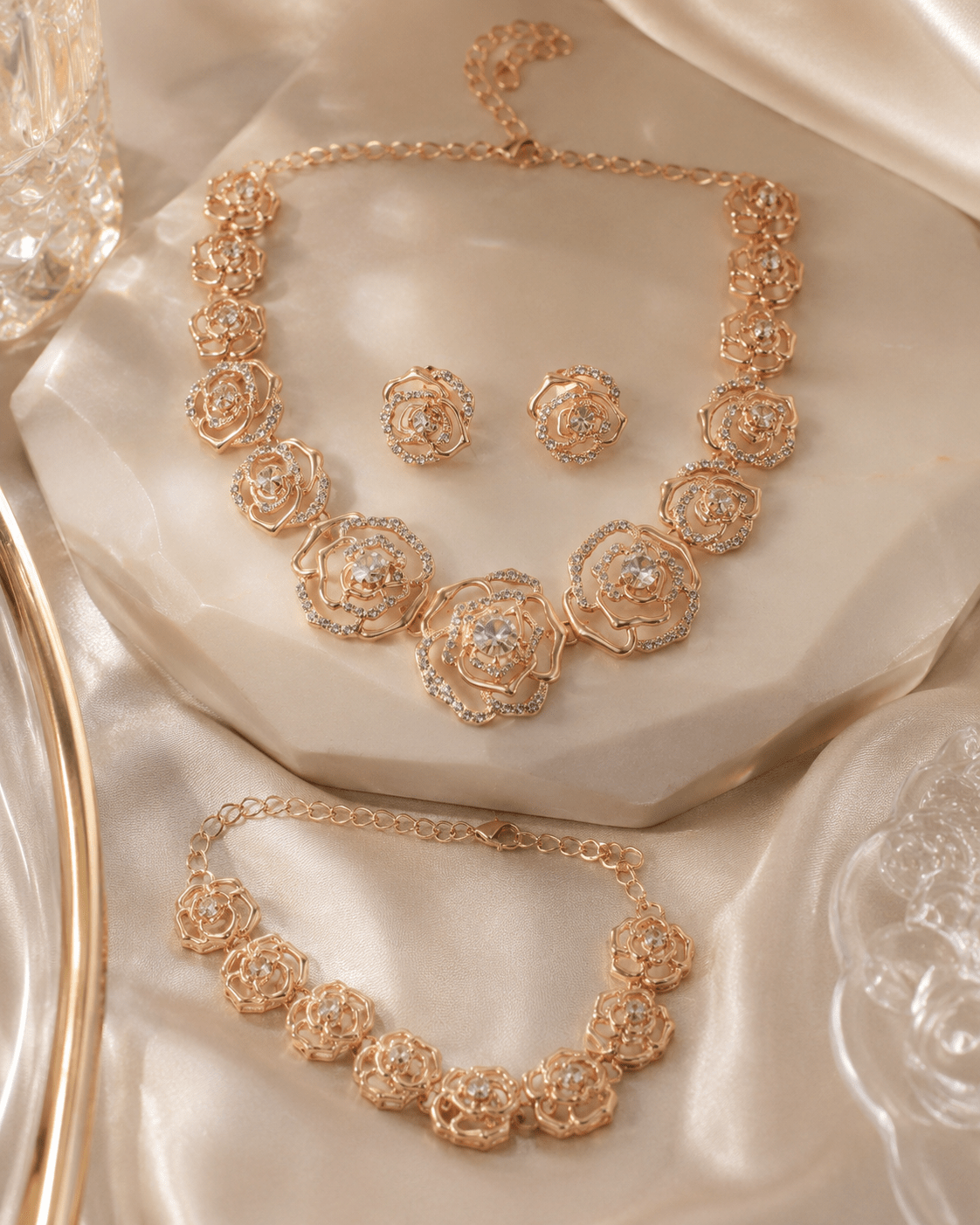Golden Rose Crystal Floral 3 - Piece Jewellery Set - Maxiblink