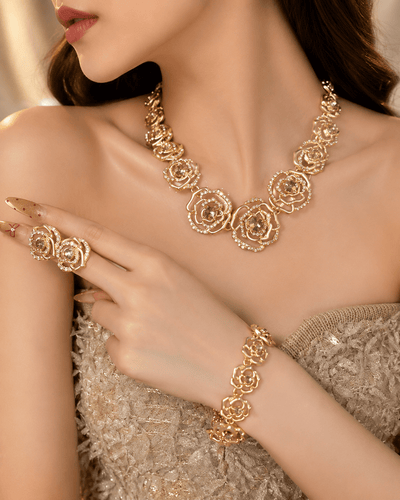 Golden Rose Crystal Floral 3 - Piece Jewellery Set - Maxiblink