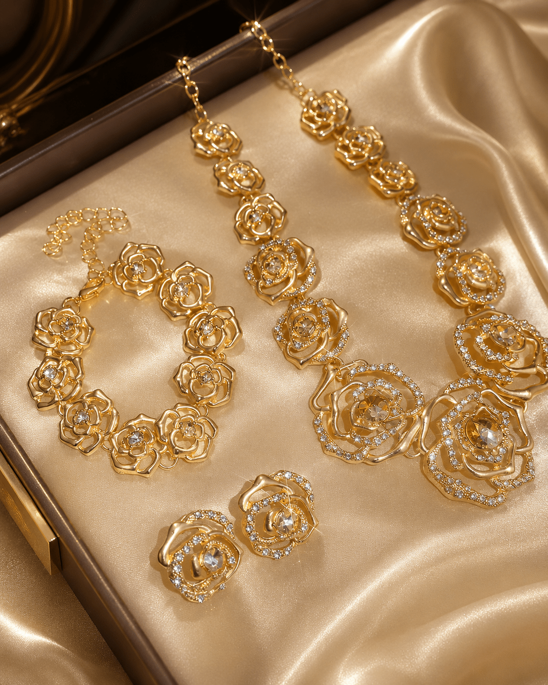 Golden Rose Crystal Floral 3 - Piece Jewellery Set - Maxiblink