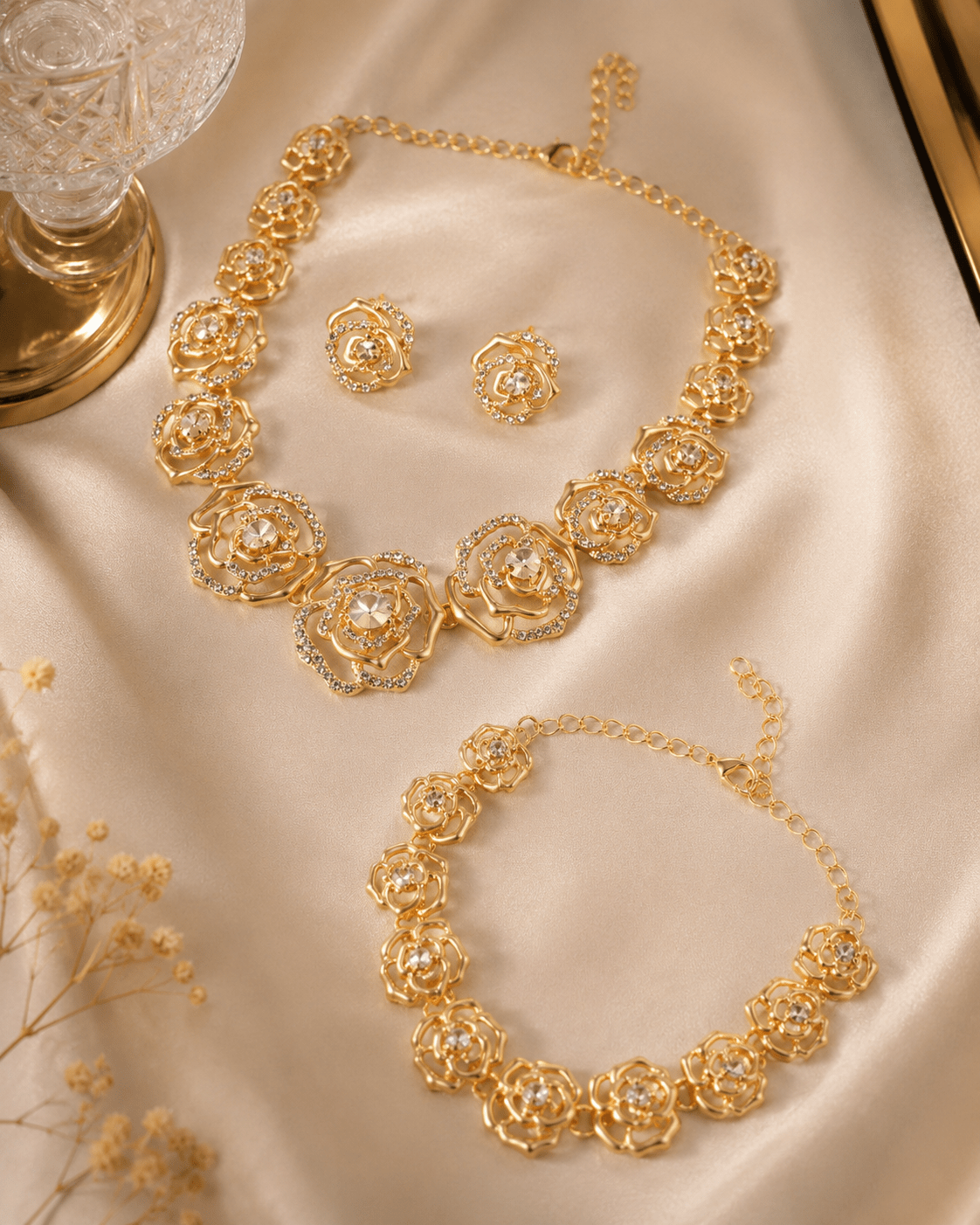 Golden Rose Crystal Floral 3 - Piece Jewellery Set - Maxiblink