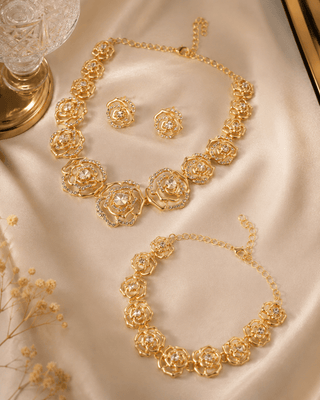 Golden Rose Crystal Floral 3 - Piece Jewellery Set - Maxiblink