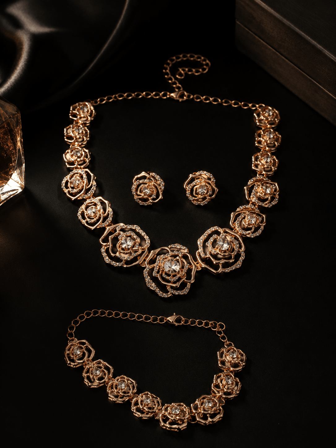 Golden Rose Crystal Floral 3 - Piece Jewellery Set - Maxiblink