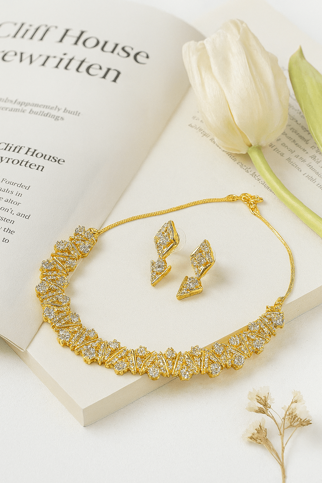 Golden Zigzag Floral AD Necklace Set - Maxiblink