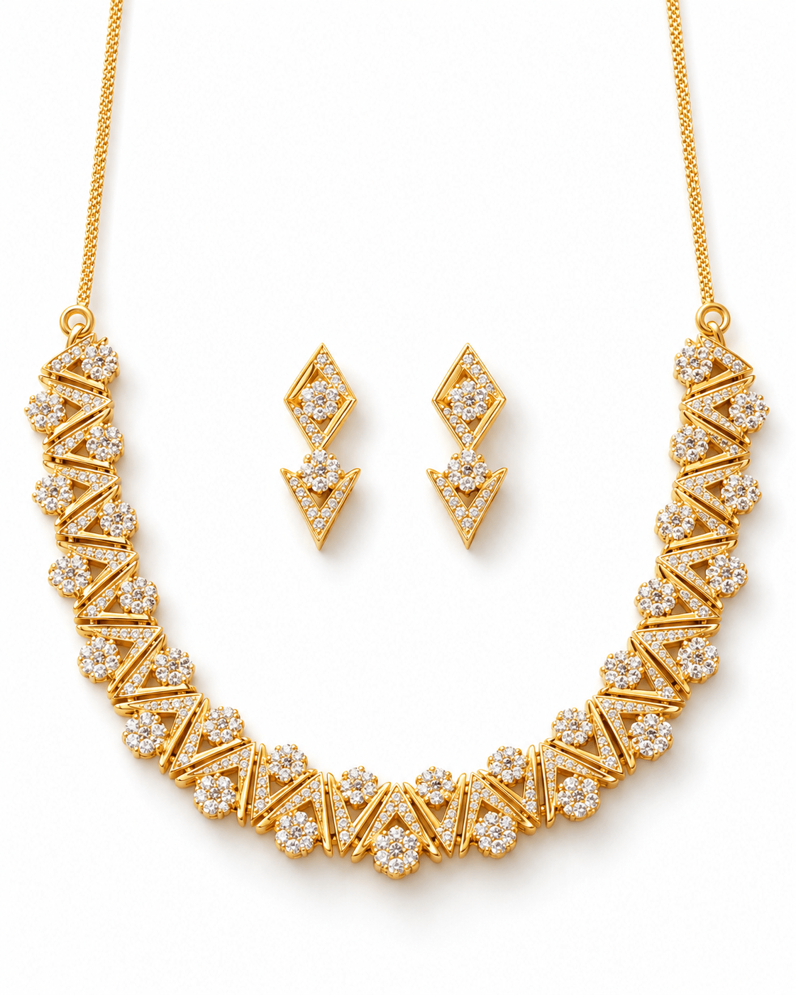 Golden Zigzag Floral AD Necklace Set - Maxiblink