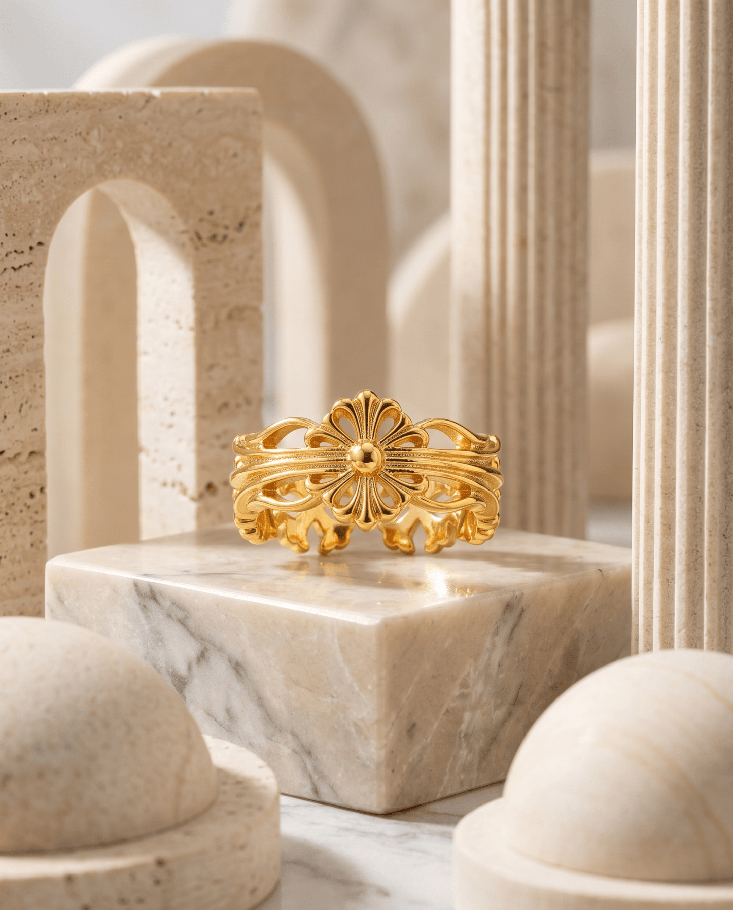 Gothic Flower Openwork Band Ring, free-size open band — MaxiBlink gold-plated demi-fine jewellery