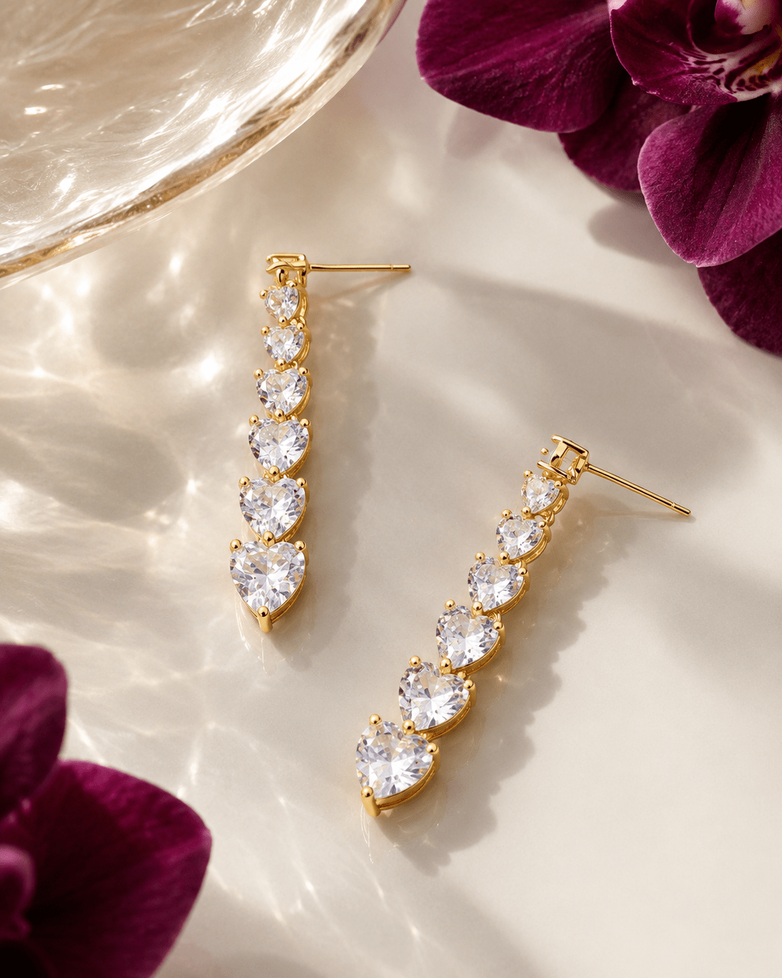 Graduated Heart Crystal Drop Earrings - Maxiblink