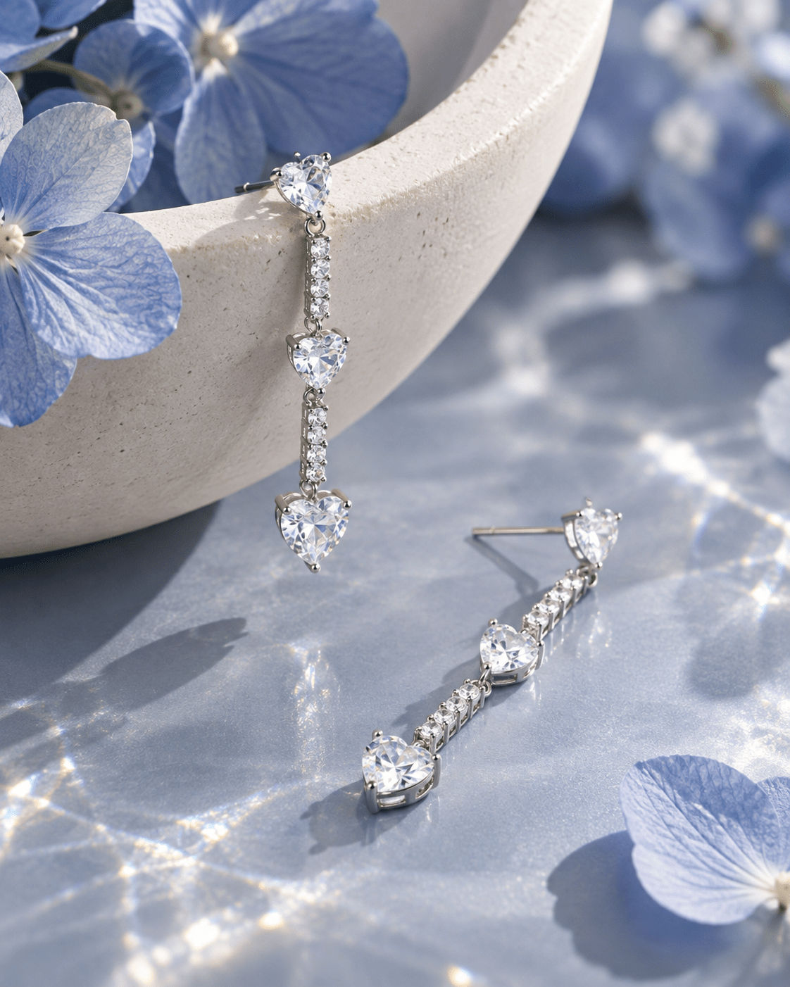 Graduated Heart Crystal Drop Earrings Silver - Maxiblink