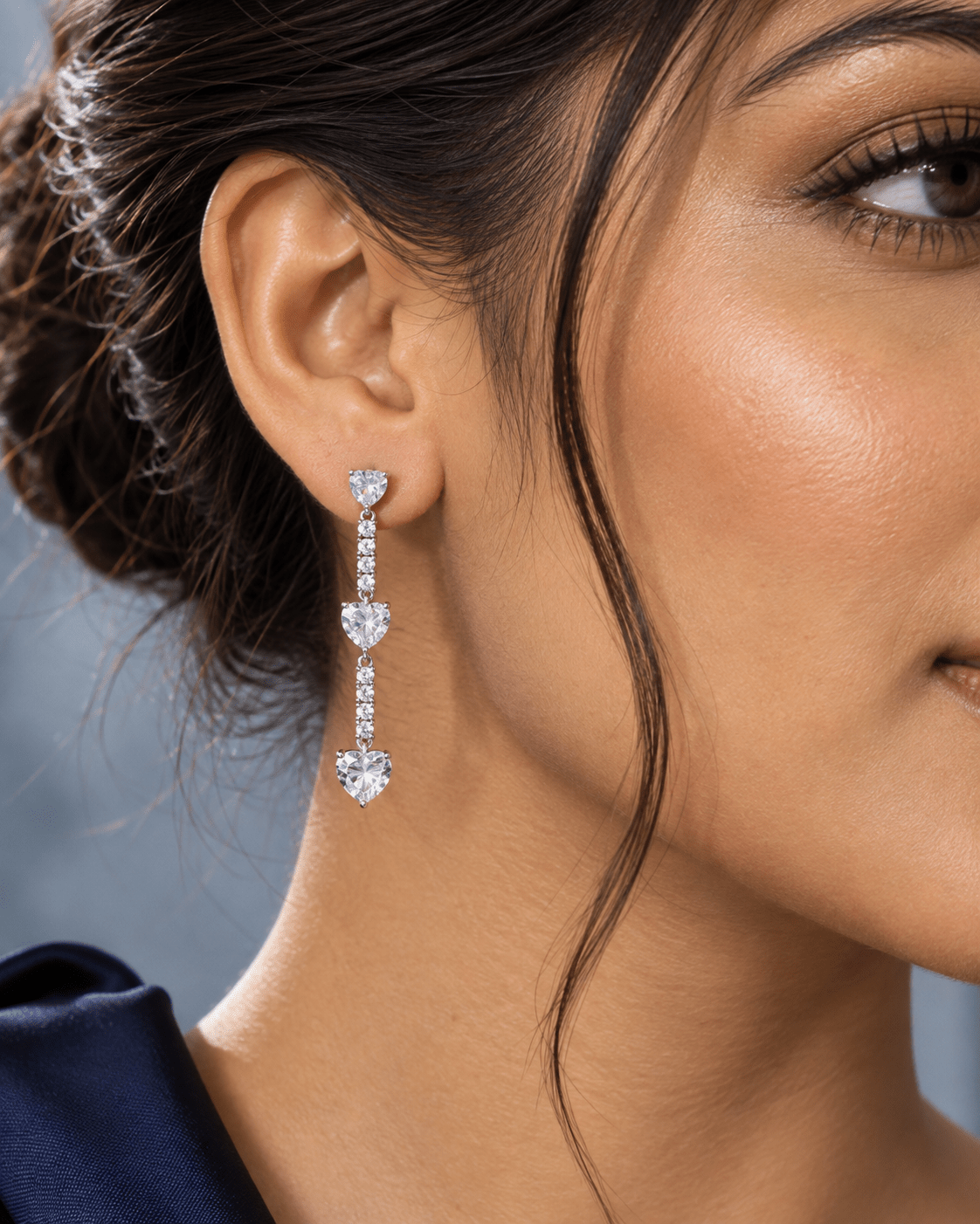 Graduated Heart Crystal Drop Earrings Silver - Maxiblink