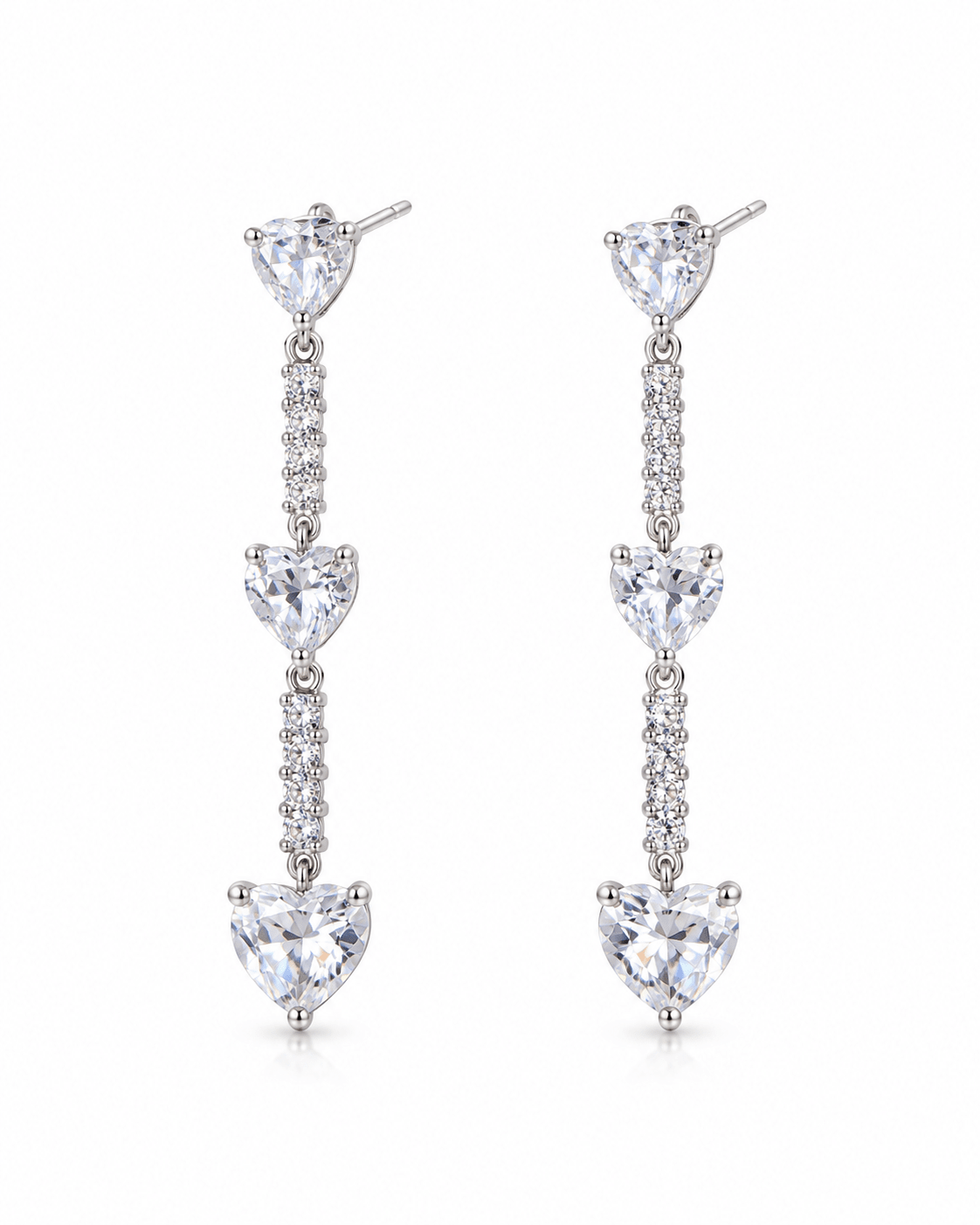 Graduated Heart Crystal Drop Earrings Silver - Maxiblink
