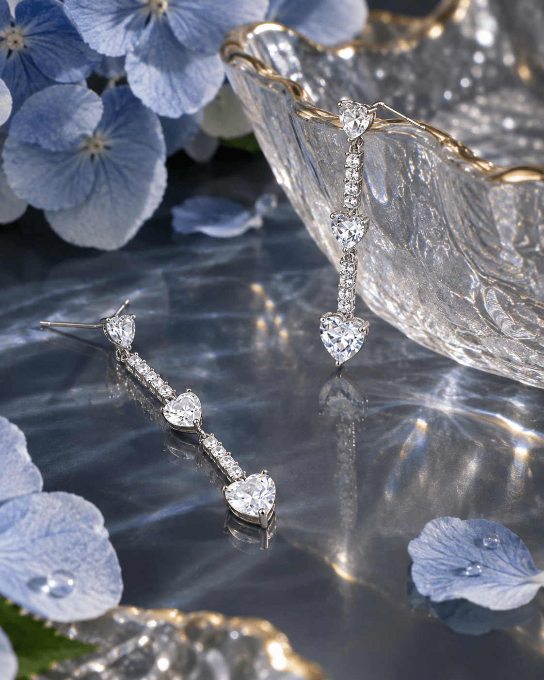 Graduated Heart Crystal Drop Earrings Silver - Maxiblink