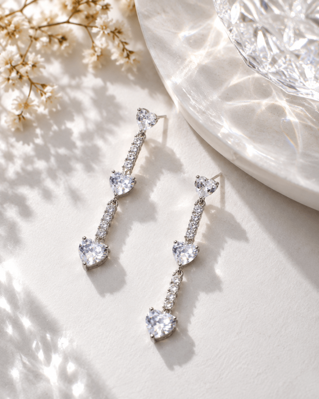 Graduated Heart Crystal Drop Earrings Silver - Maxiblink