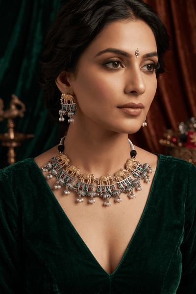 Grand Dual - Tone Elephant Heritage Statement Necklace Set - Maxiblink