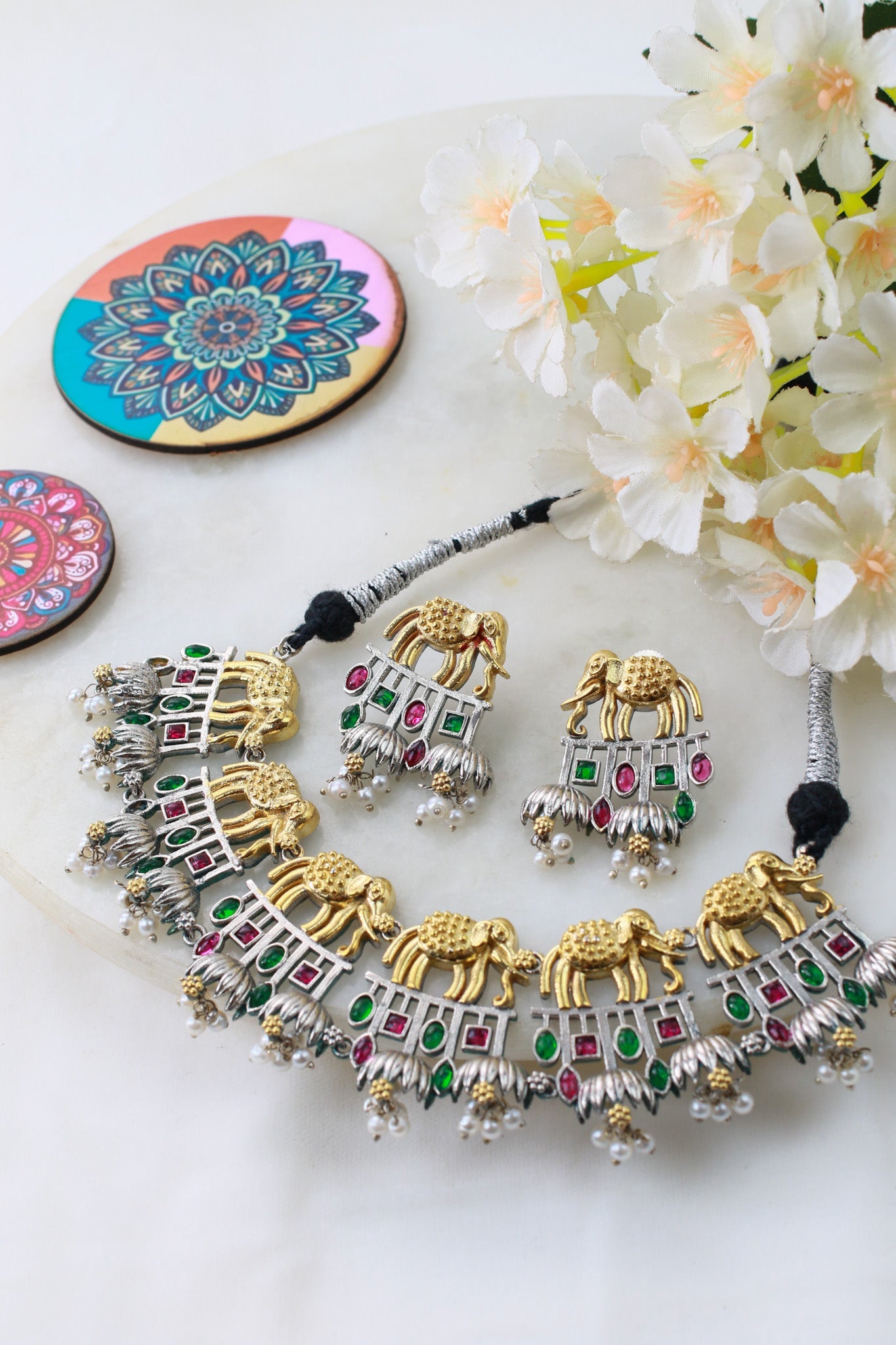 Grand Dual - Tone Elephant Heritage Statement Necklace Set - Maxiblink