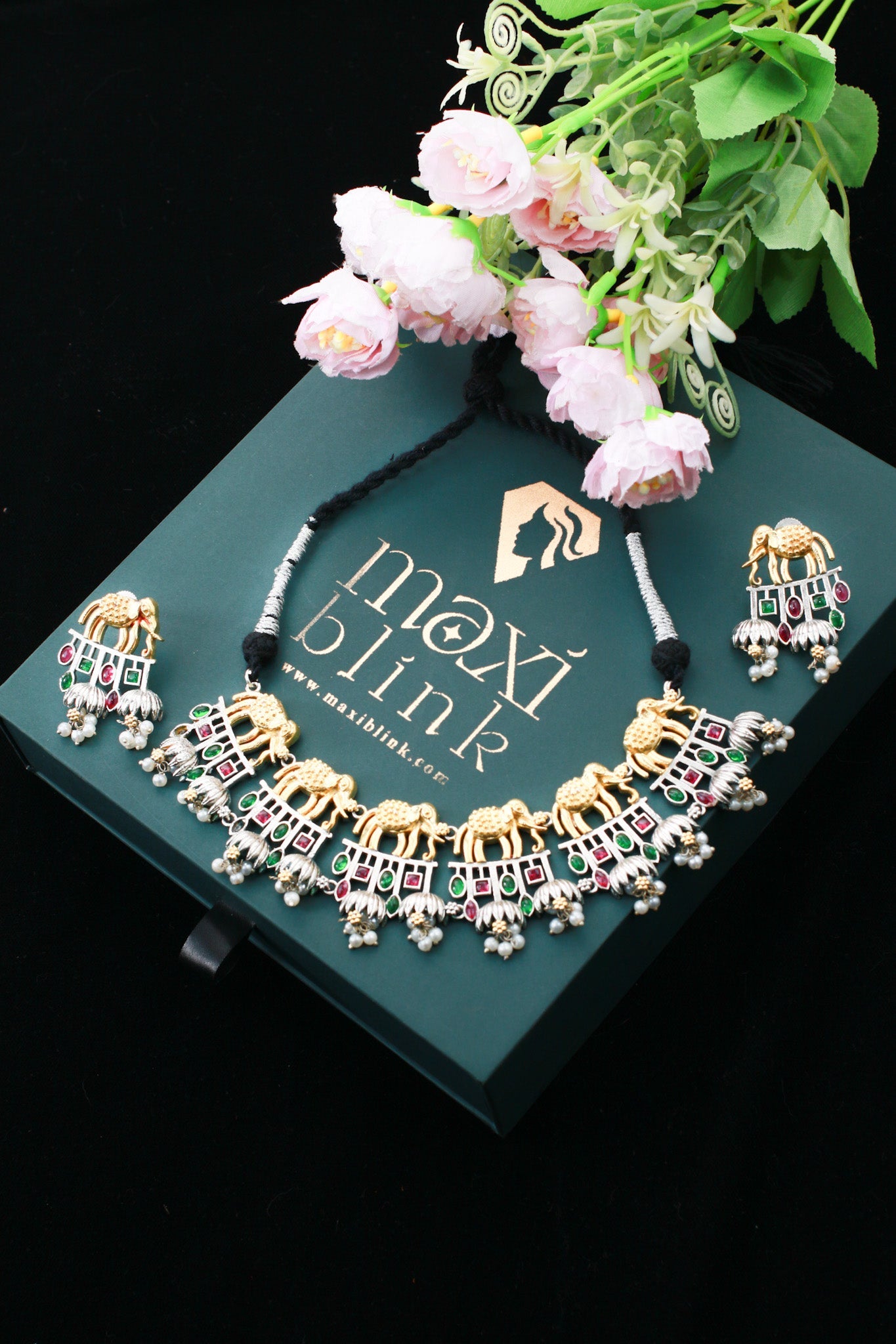 Grand Dual - Tone Elephant Heritage Statement Necklace Set - Maxiblink