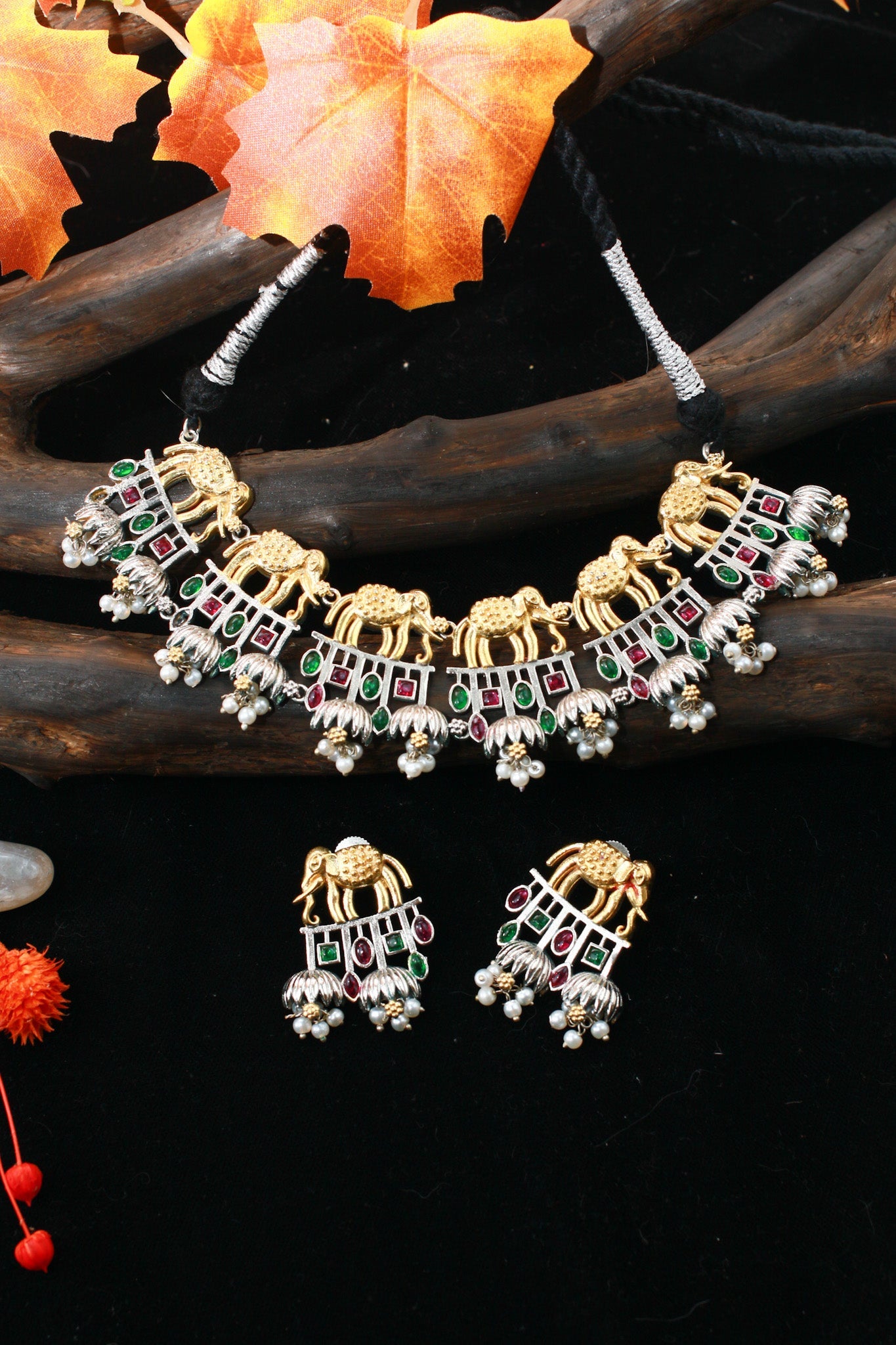 Grand Dual - Tone Elephant Heritage Statement Necklace Set - Maxiblink