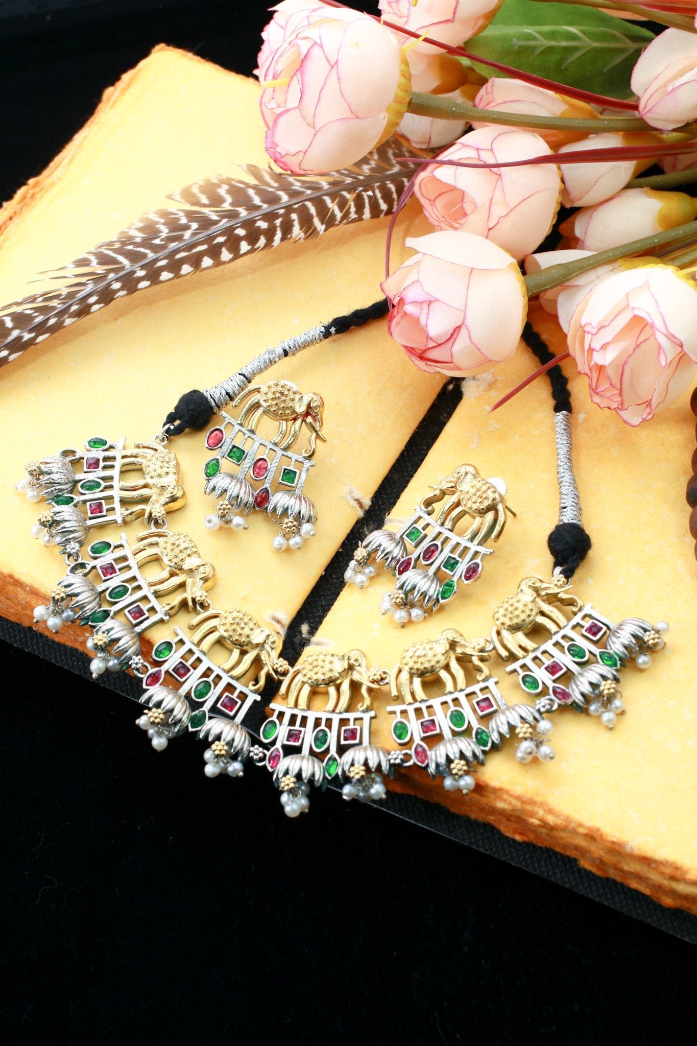 Grand Dual - Tone Elephant Heritage Statement Necklace Set - Maxiblink