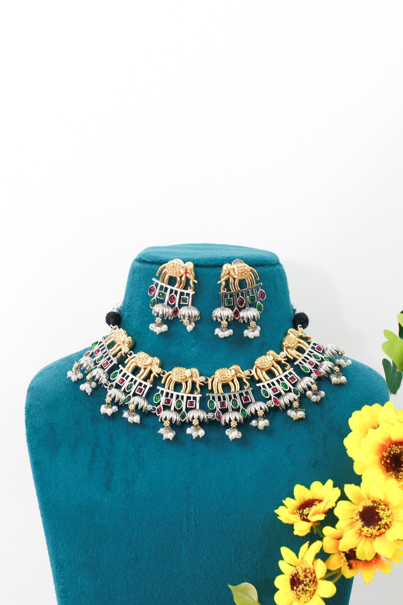 Grand Dual - Tone Elephant Heritage Statement Necklace Set - Maxiblink