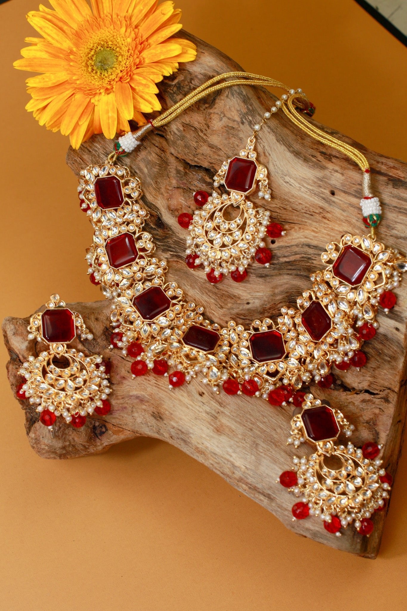 Grand Kundan Choker Necklace Set with Deep Ruby Squares - Maxiblink