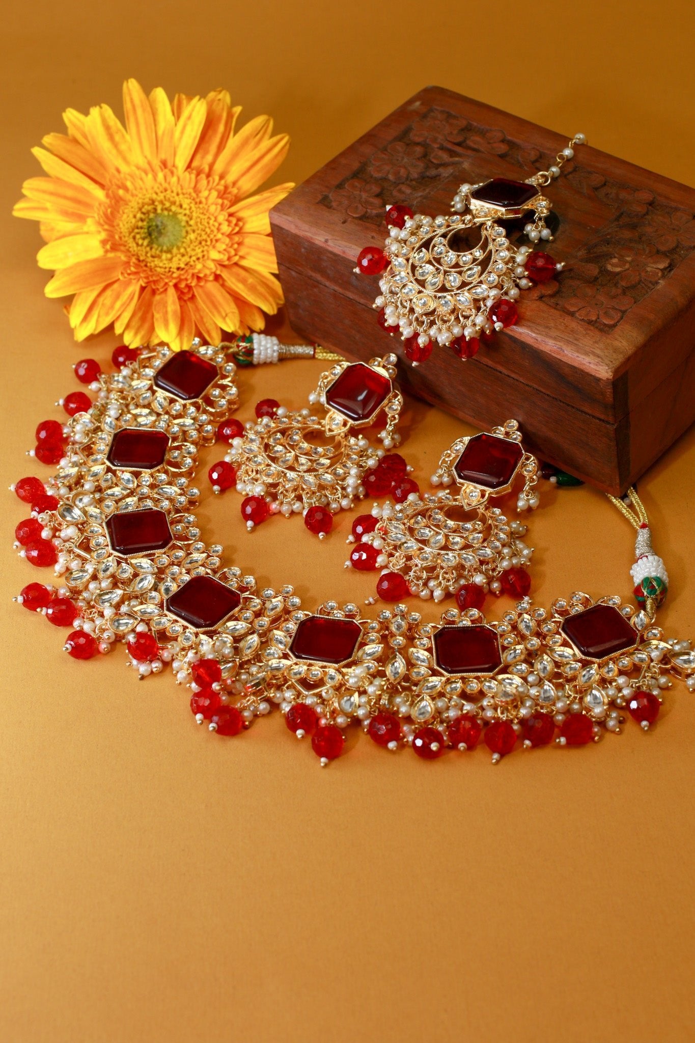 Grand Kundan Choker Necklace Set with Deep Ruby Squares - Maxiblink
