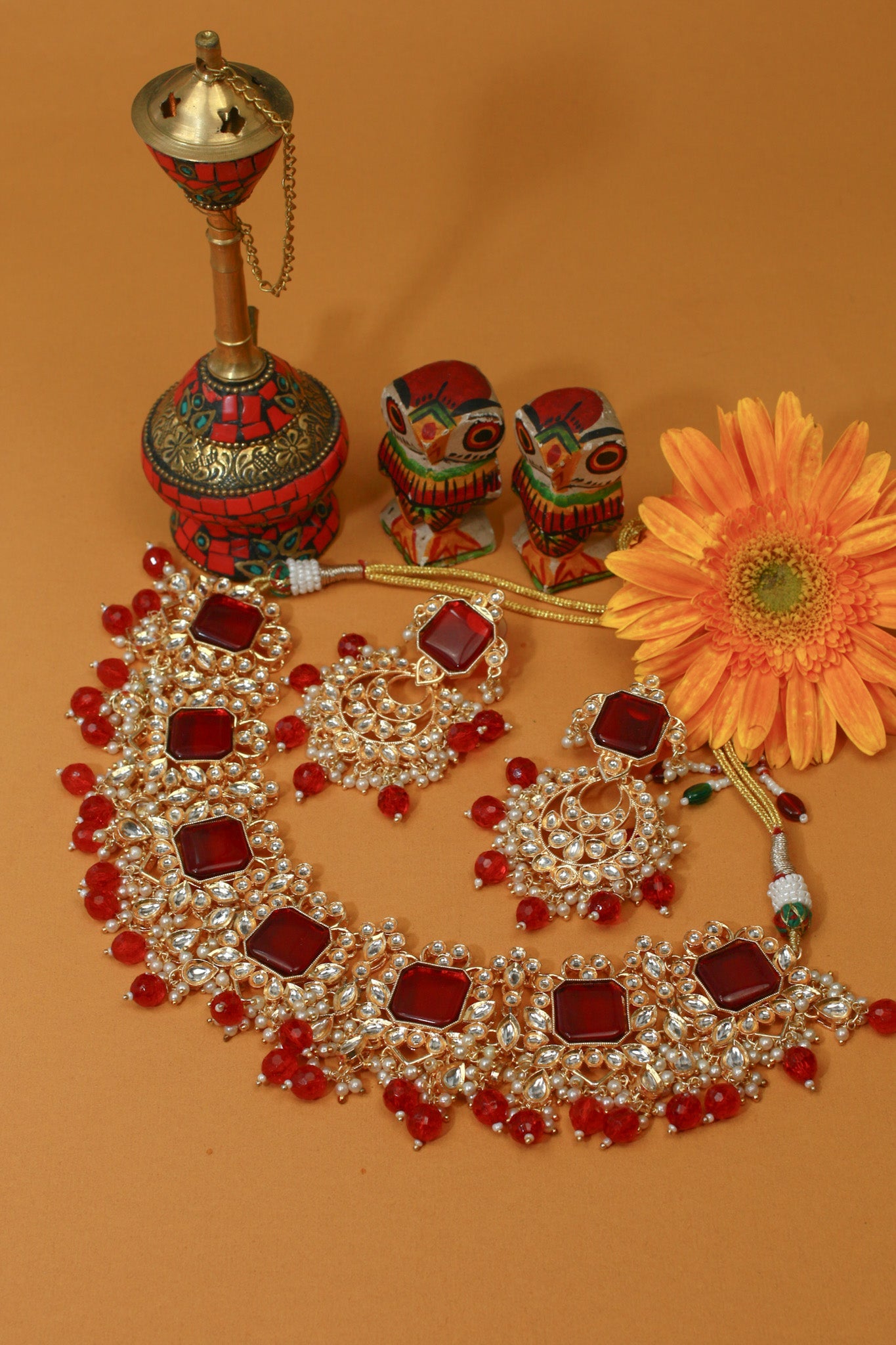 Grand Kundan Choker Necklace Set with Deep Ruby Squares - Maxiblink