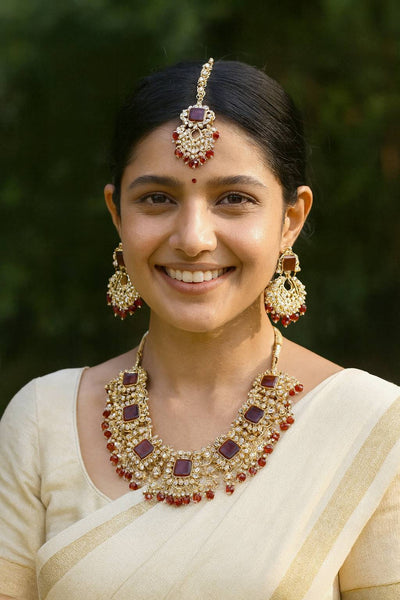 Grand Kundan Choker Necklace Set with Deep Ruby Squares - Maxiblink