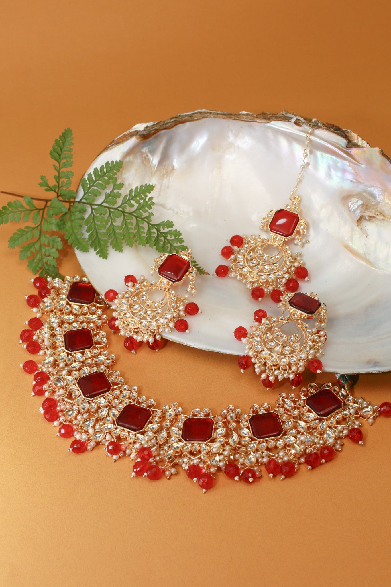 Grand Kundan Choker Necklace Set with Deep Ruby Squares - Maxiblink