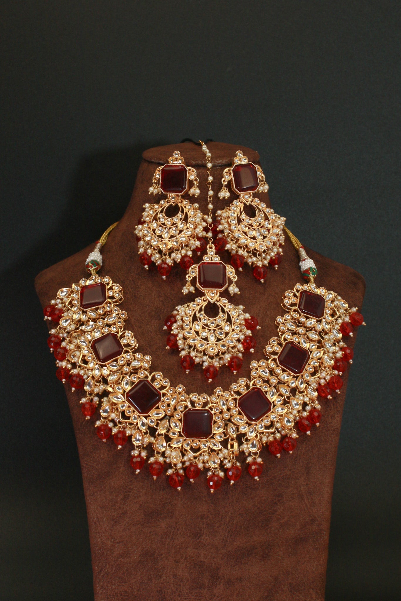 Grand Kundan Choker Necklace Set with Deep Ruby Squares - Maxiblink