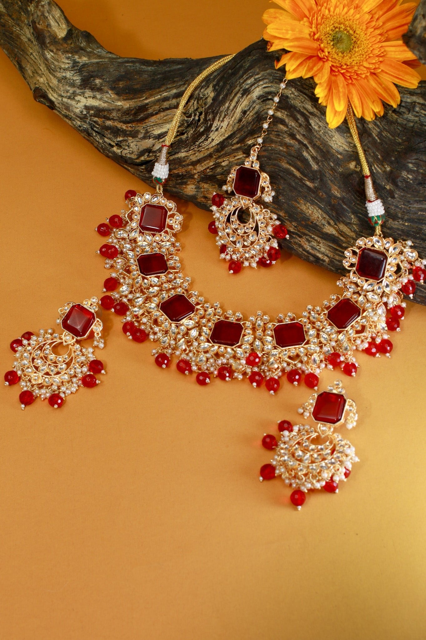 Grand Kundan Choker Necklace Set with Deep Ruby Squares - Maxiblink