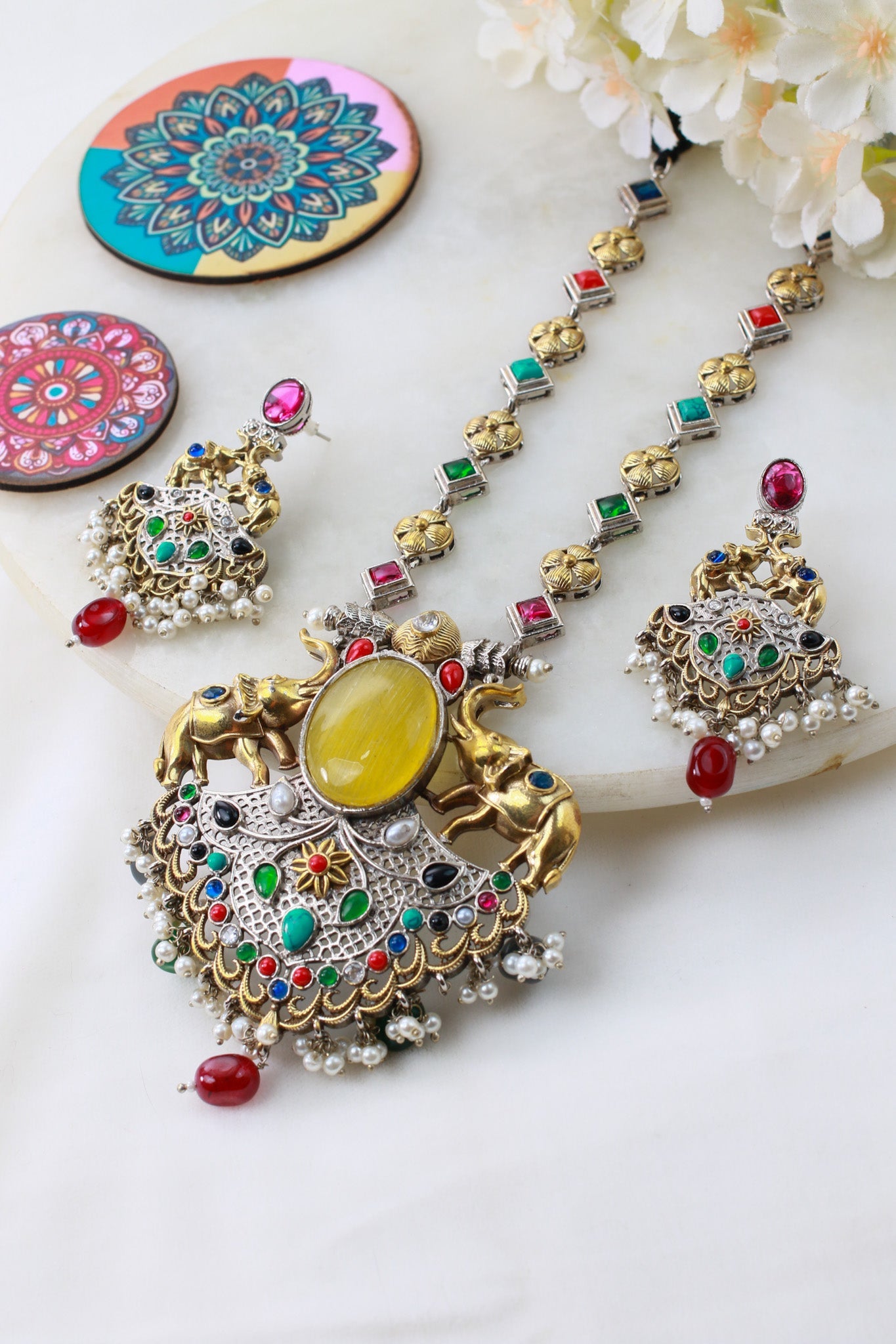 Grand Multicolor Elephant Temple Haram Necklace Set - Maxiblink